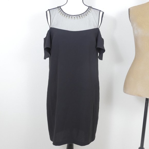 BCBGMaxAzria Black CANDACE Sheer Studded Jeweled Neckline Drop Sleeve SZ 8 Dress - Picture 1 of 11